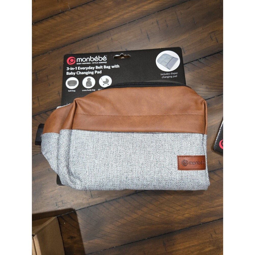 Monbebe 3 in 1 Everyday Belt bag with Changing Pad Grey & Brown Design NEW B18